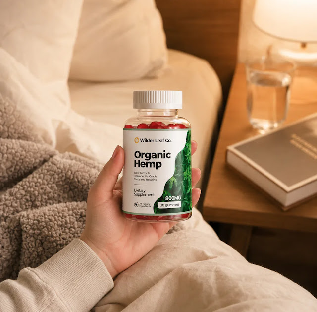 A hand holding a Wilder Leaf Organic Hemp bottle in a comfortable bedroom