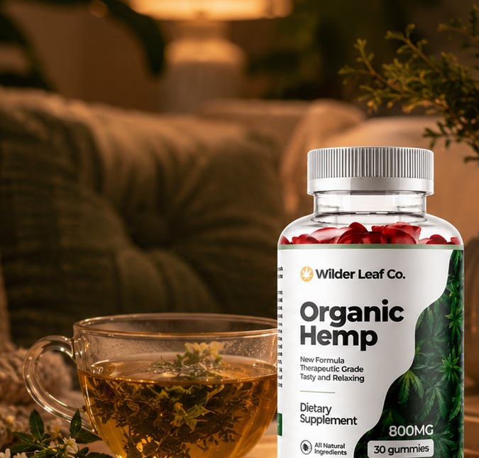 Wilder Leaf Organic Hemp gummy bottle beside a cup of tea and candle